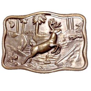 Vintage Brass Belt Buckle BTS Soli #4051  Deer Jumping Made In USA  1978